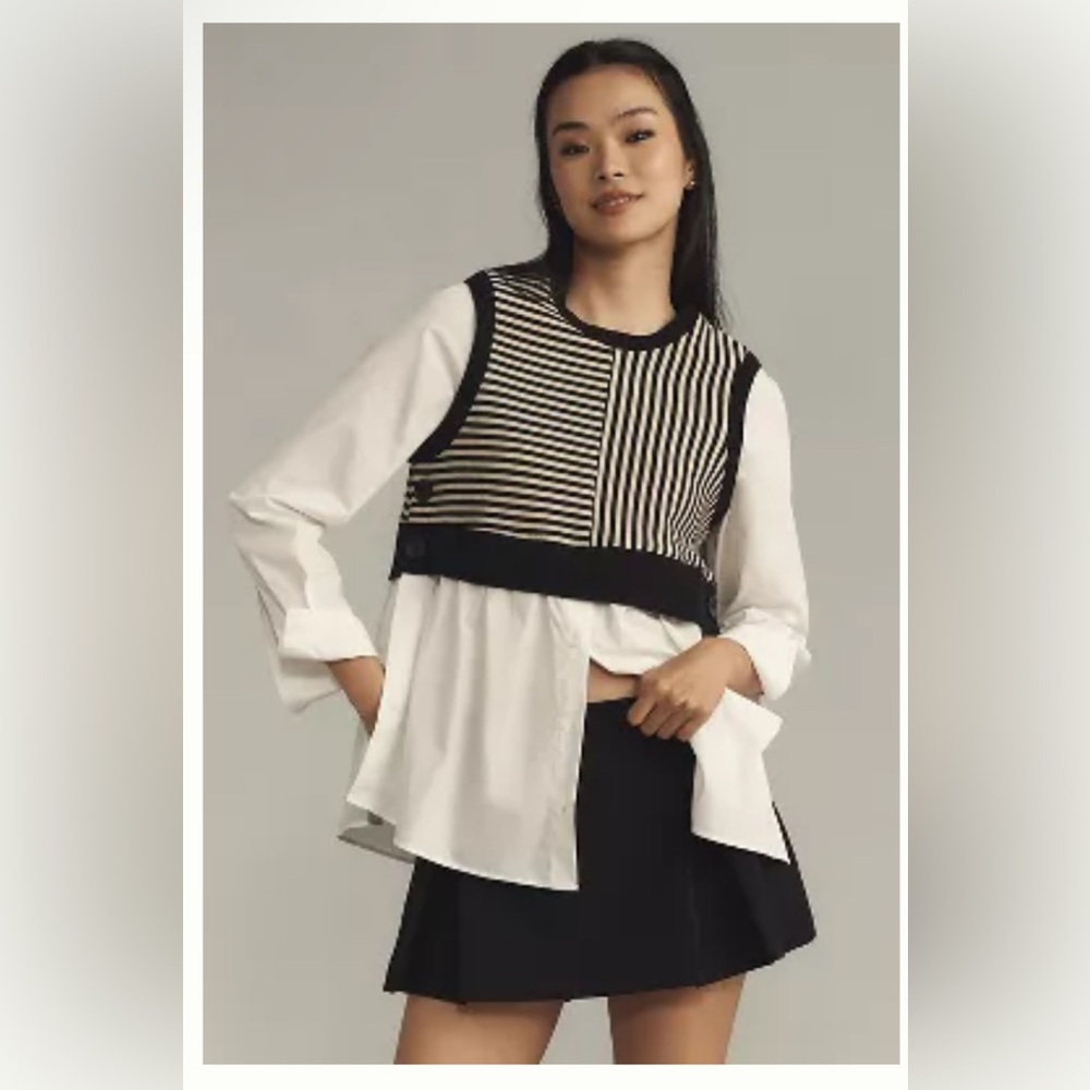 NWT Maeve Long-Sleeve Linen Twofer Sweater Vest Top